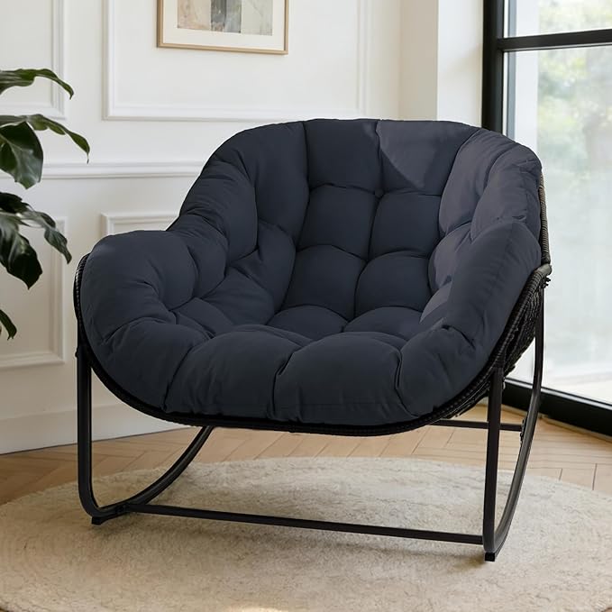 Sgentle Papasan Rocking Chair Outdoor, Oversized Patio Rocking Chair with Cushions & Steel Frame, Wicker Egg Lounge Chair Indoor, Comfy Reading Chair for Patio, Deck, Porch (Blue, Style 1)