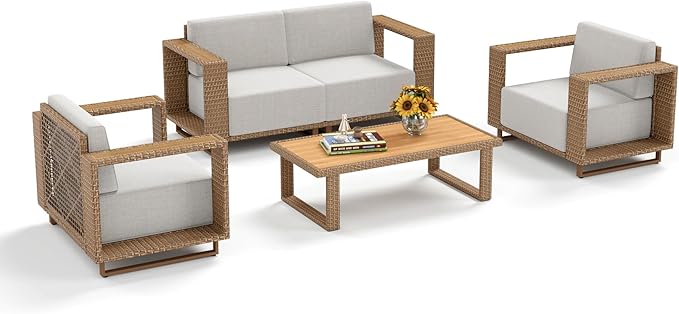 MIXPATIO Outdoor Patio Furniture Set, 5 Piece Outdoor Rattan Wicker Sofa Couch, Conversation Sets with 2 Single Sofa, 2 Armchairs and Coffee Table for Deck Backyard Lawn