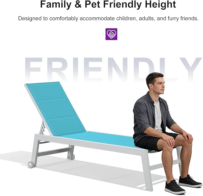 PURPLE LEAF Outdoor Chaise Lounge Set Adjustable Sunbathing Recliner with Side Table for Beach Poolside Outside Patio Aluminum Chaise Lounger Turquoise Blue