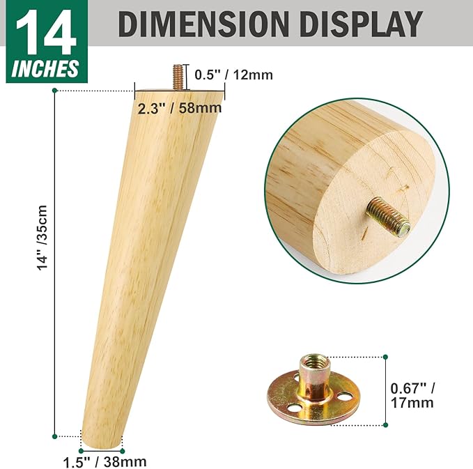 FoDau770 Rubber Wood Furniture Legs 14 Inches, Slant Tapered Wood Feet Mid Century Sofa Legs Set of 4, 5/16" UNC Furniture Feet Replacement Parts for Cabinet Couch Dresser Chair Ottoman Table