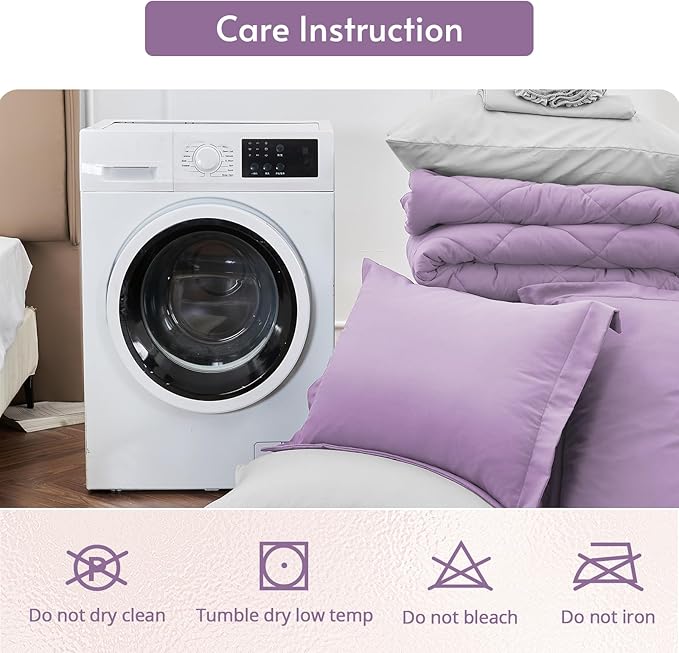 MUXHOMO 7 Pieces Full Comforter Set, Reversible Bed in a Bag Full Size, All Season Bedding Set with Comforter, Flat Sheet, Fitted Sheet, Pillowcases & Shams, Greyish Purple & Light Grey