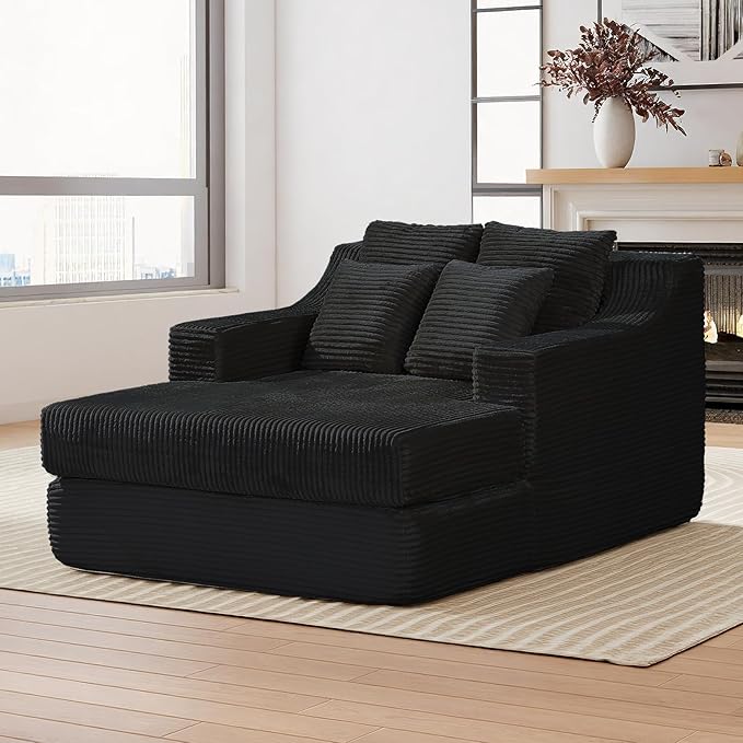47" Boneless Chaise Lounge Chair Indoor,No Assembly Single Sleeper Upholstered Boneless Couch with 4 Pillows,Comfy Pet Friendly High Weight Capacity Foam for Bedroom,Living Room,Study Room,Black