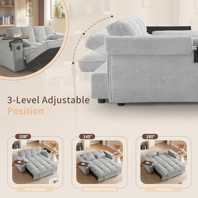 oaaktu ﻿ Large Size Convertible Sleeper Sofa Bed,Polka dot Velvet Pull Out Futon Couch with Storage handrails & Rotating Side Tables,Convertible Sofa Couch for Living Room,RV (Light Gray)