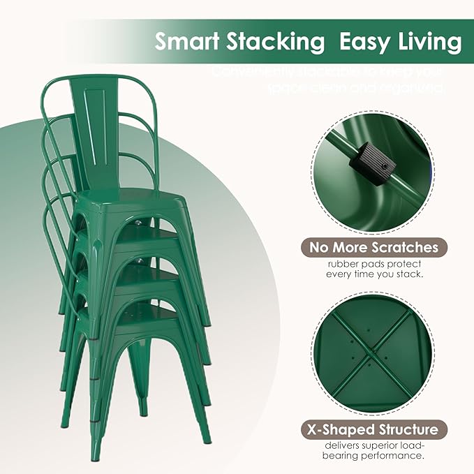 Metal Dining Chairs Set of 4,Stackable Tolix Chair Indoor/Outdoor for Kitchen,Cafe,Restaurant,Bistro & Patio Multiple Colors(Green)