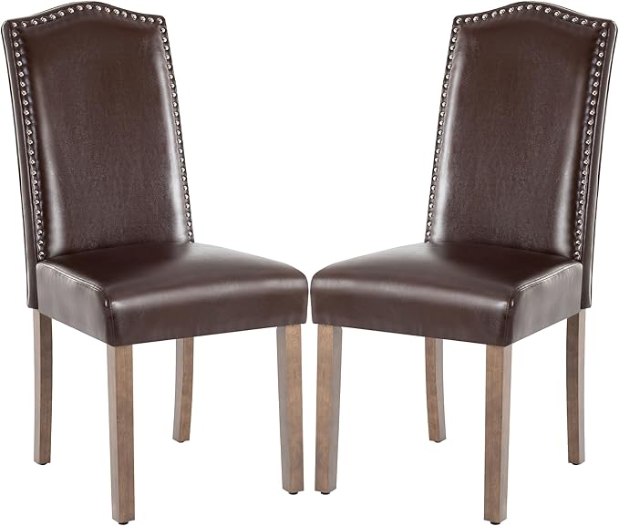 SNUGWAY Upholstered Dining Chair Stylish Parsons Kitchen High Back with Silver Nailhead Trim & Wood Legs, 2-Pack, PU Dark Brown