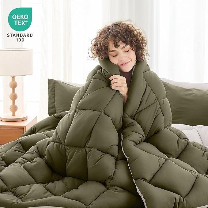 MUXHOMO 7 Pieces Queen Comforter Set, Reversible Bed in a Bag Queen Size, All Season Bedding Set with Comforter, Flat Sheet, Fitted Sheet, Pillowcases & Shams, Olive Green & Beige