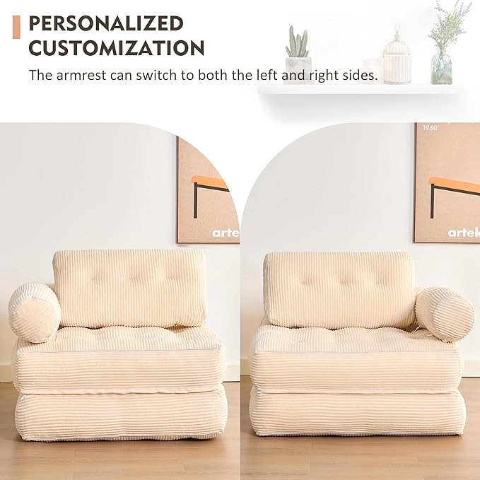 Plus Futon Sofa Bed for Small Spaces, Floor Couch with Armrest, Folding Sofa Couch, Convertible Sleeper Chair Bed with Pillow, Portable Comfy Floor Lounge for Living Room and Bedroom,White