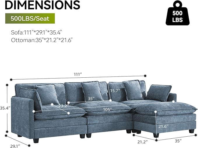 UMBFUN 3-Seater Cloud Couch with Ottoman, Oversized Comfy Modular Sectional L Shaped Sofa with Deep Seats, Chenille Couch for Living Room, Blue