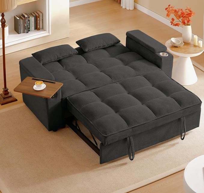 oaaktu Large Size Convertible Sleeper Sofa Bed,Polka dot Velvet Pull Out Futon Couch with Storage handrails & Rotating Side Tables,Convertible Sofa Couch for Living Room,RV
