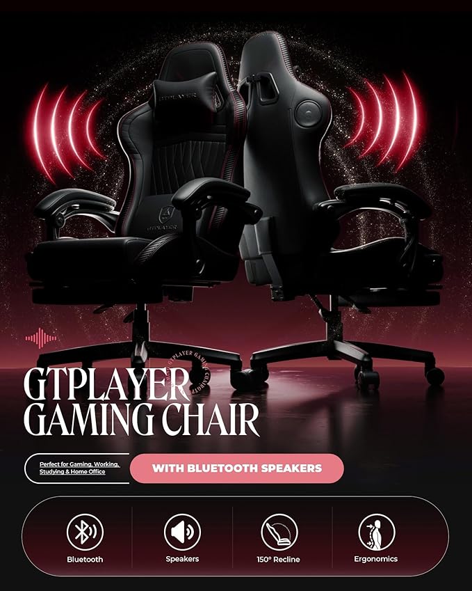 GTPLAYER Gaming Chair with Speakers, Video Game Chairs with Footrest, PC Gamer Chairs for Adults - Padded High Back Ergonomic Reclining Silla Gamer, Linkage Armrest, Ace Pro, Red