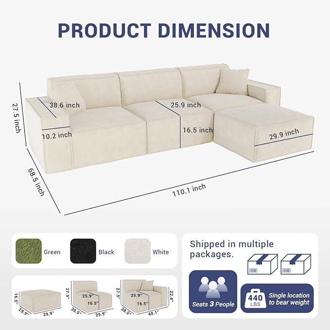110"Cloud Sectional Couch, Chenille Boneless Couch L Shaped with Deep Seats & Wide Armrests, Convertible Modular Sectional Sofa Memory Foam Compression Floor Sofa for Living Room, No Assembly Required