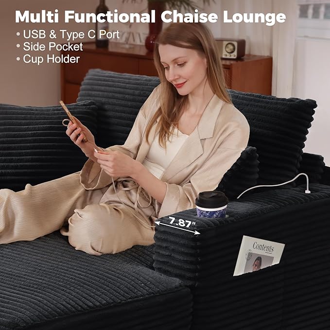 HUSFU Chaise Lounge Chair Indoor, 60'' Oversized Sleeper Sofa, Chaise Lounge Reading Chairs for w/Cup Holder and USB&Type C Port, Fluffy Plush Cloud Sofas Couches for Living Room,Set of 2,Black