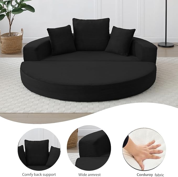 67" Round Convertible Folding Sofa Bed, Boneless Couch Loveseat, Floor Sleeper Chaise Lounge for Living Room, Apartment, Dorm, Small Spaces, Black