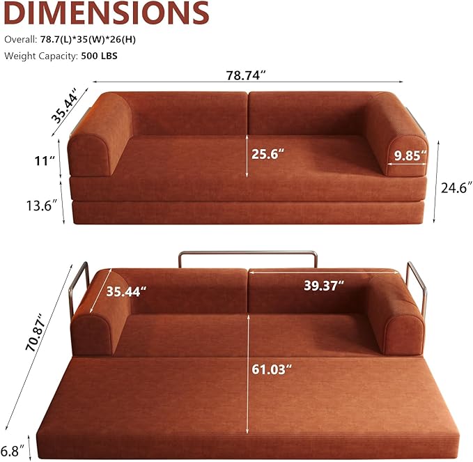 Convertible Sleeper Sofa Bed Boneless Cloud Comfort Orange Futon Couch for Lounging & Sleeping, Removable & Washable Corduroy Sofa Cover, Floor Sofa Folding Mattress for Guests, Small Spaces