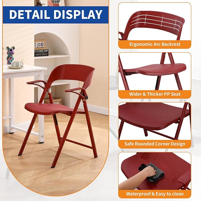 Office Chair Adjustable Arms, Plastic Folding Chairs for Outside, Collapsible Dining Chairs, Portable Foldable Chair for Indoor, Outdoor, Wedding, Party, Office, Balcony, Garden (Red, 2Pack)