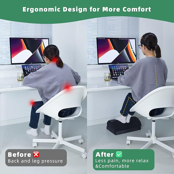 Ergonomic Foot Rest for Under Desk, Relieves Back Pain & Improves Posture with Adjustable Angle, 3-Level Firmness Memory Foam Foot Stool for Office Chair, Black