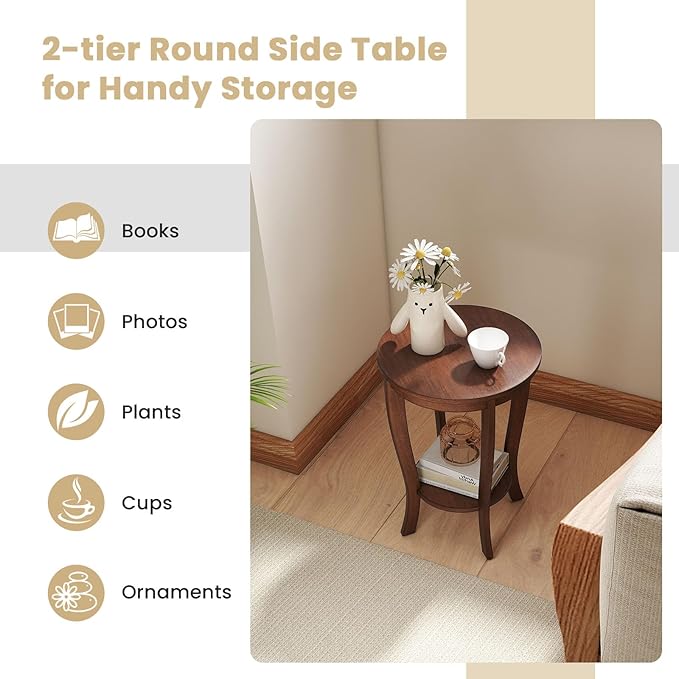 GOFLAME 2-Tier Round End Table, 18” Sofa Side Table with Storage Shelf, Floor Tea Table with Solid Wood Legs, Compact Nightstand for Small Space, Living Room, Bedroom, Walnut