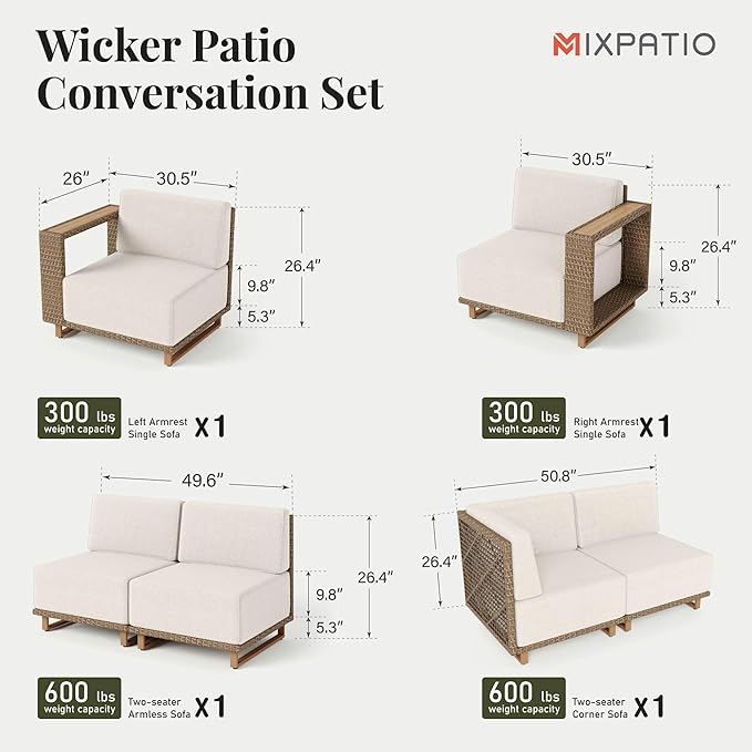 MIXPATIO Outdoor Patio Furniture Set, 6 Piece Sectional Rattan Wicker Sofa Couch, Outdoor Conversation Sets with 10" Extra Thick Cushions for Deck Backyard Lawn