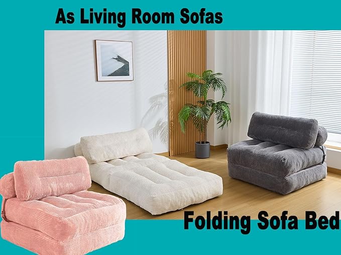 Kisoy Folding Sofa Bed, Convertible Sleeper Chair Couch Bed Faux Rabbit Fur for Adults, with Back Support Floor Couch Comfy Floor Sofa for Living Room Bedroom, Dusty Pink, Single