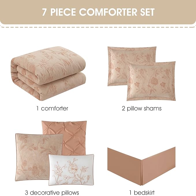 Grand Avenue Floral Comforter Set California King Size, Blush 7 Pieces Jacquard Bedding Set, Cotton &Polyester Bedding, All Season, Bedskirt, Pillows Shams