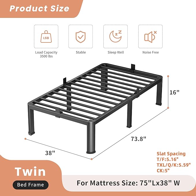 VIPSHOW 16 Inch Twin Heavy Duty 3500 lbs Bed Frame with Round-Corner Legs & Anti-Squeak Design – Quick Assembly Metal Platform, No Box Spring Needed