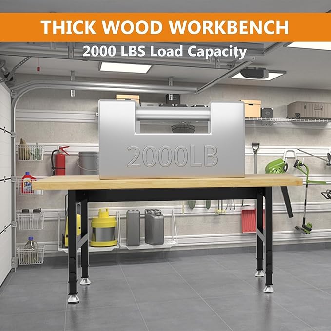 60" Heavy Duty Work Bench, Adjustable Height Workbench, 2000 LBS Load Capacity Work Table for Garage, Workshop, Office, Home