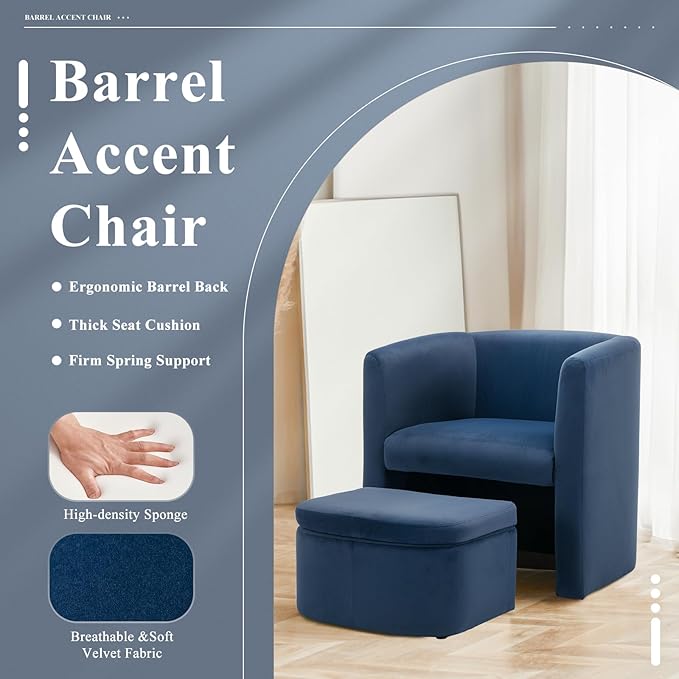 MALOL Mid-Century Velvet Living Room Chair with Storage Ottoman, Space-Saving Accent Chairs for Bedroom/Reading Spaces/Office, Blue