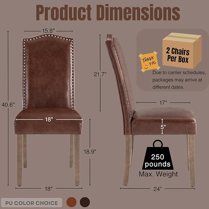SNUGWAY Upholstered Dining Chair Stylish Parsons Kitchen High Back with Silver Nailhead Trim & Wood Legs, 4-Pack, PU Light Brown