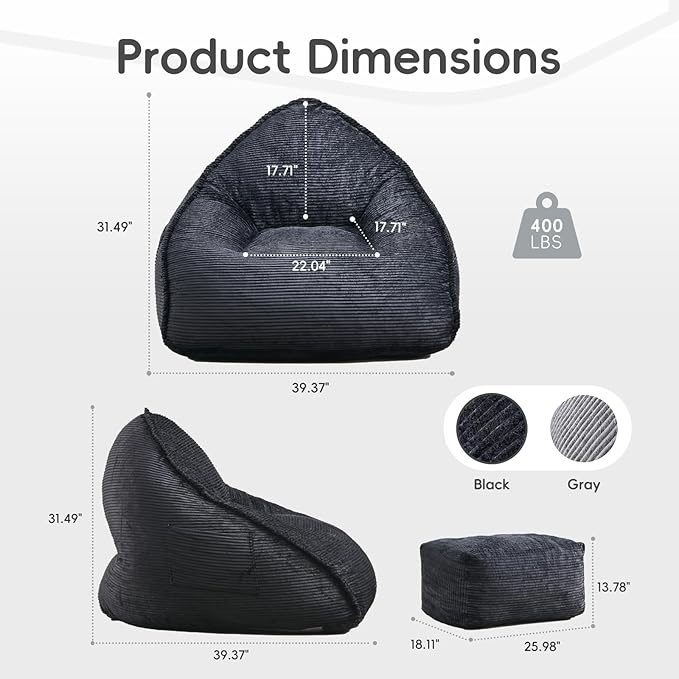 Cloud Bean Bag Chair with Ottoman for Adults, Comfy Corduroy Chaise Lounge Chair with High-Resilience Foam, Boneless Reading Chair for Bedroom & Living Room (Black)