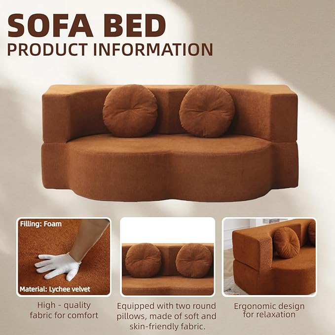 76" Convertible Folding Sofa Bed, 2-in-1 Twin Size Loveseat Sleeper Couch Bed with Two Pillows, Foldable Space-Saving | Design for Dorms Apartments Bedroom& Living Room,No Assemble(Orange)