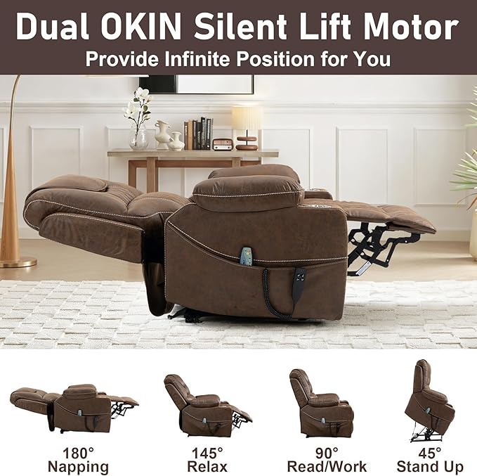 Oversized Power Lift Recliner Chair for Big and Tall 400 LBS, 25" Large Electirc Recliner Chair with Massage and Heating, 180° Lay Flat Zero Gravity Recliner Sofa, Leather, Coffee Brown