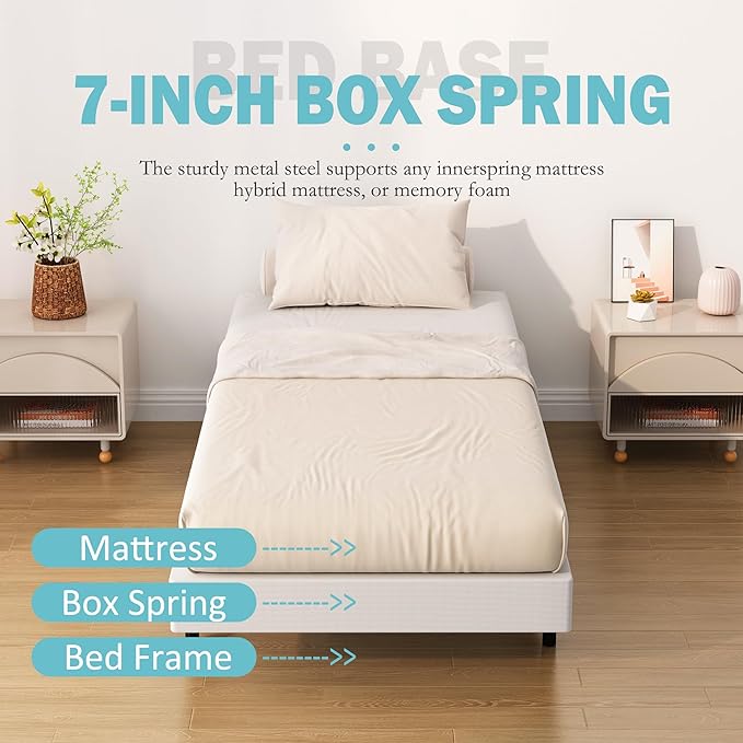 Upcanso 7 Inch Twin Box Spring Bed Base, Low Profile Metal Boxspring Twin with Fabric Cover, 2000 Lbs Max Weight Capacity Mattress Foundation, Noise-Free, Easy Assembly