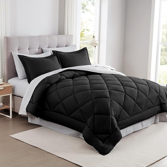 Modern Threads 7-Piece Reversible Comforter Set - Bedding Ensemble with Comforter, Sheets, Pillowcases, and Shams, Black Queen