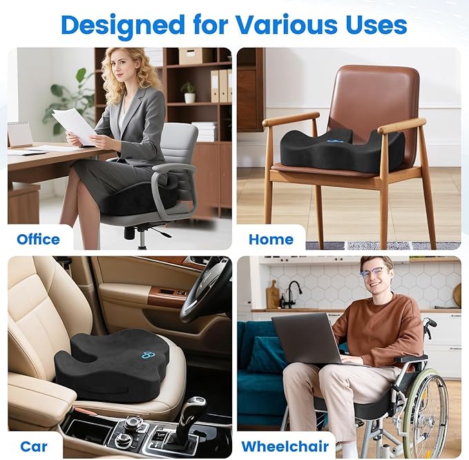 SofterCharm Seat Cushion with Carry Handle, Memory Foam for Tailbone/Sciatica Easing, Chair Cushions for Cars, Desks, Office Chair Cushion with Non-Slip Design, Ideal for Post-Surgery Recovery (Grey)