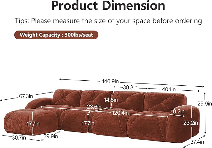 Modular Sectional Sofa with Free Combination,Oversized Boneless Floor Couch for Living Room & Lounge,Velvet 4-Seater Sectional Couch with Ottoman,No Assembly Needed