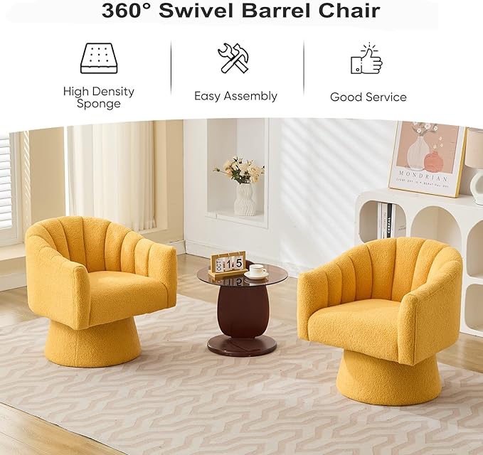 Swivel Accent Chair Set of 2, Upholstered Teddy 360° Swivel Barrel Chair for Living Room Overstuffed Bouncle Reading Chair Round Armchair for Bedroom,Vanity,Office-Mustard