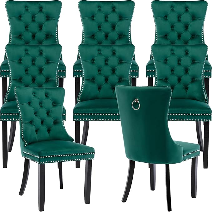 YeahFurn Green Mid Century Modern Dining Chairs Set of 8, Velvet Upholstered Kitchen & Dining Room Chairs with Nailhead Trim & Solid Wood Legs, Elegant Sillas De Comedor (Green, 8 Pcs)