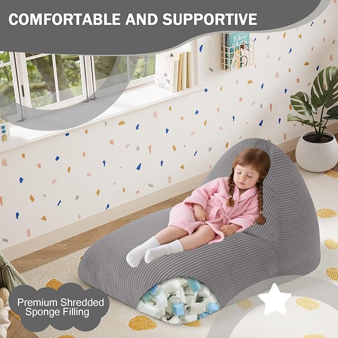 COMAX Bean Bag Chairs for Kids, Kid Beanbag Chair with Filler, Toddler Lounge Bean Chair Corduroy, Lazy Floor Lounger for Girls and Boys Stuffed, Light Grey