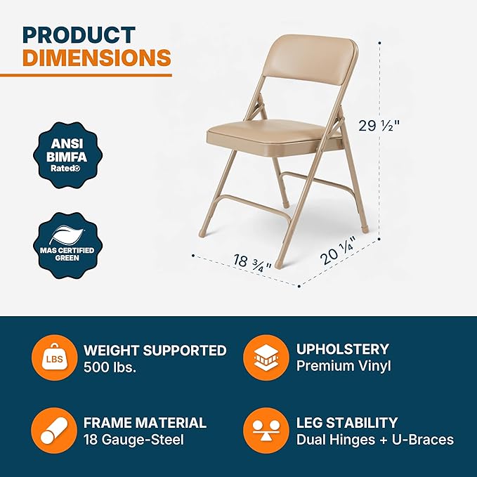 OEF Furnishings OEF1200 Series Premium Heavy Duty Vinyl Padded Folding Chairs, Commercial Grade 500 lb Capacity (4-Pack, French Beige)