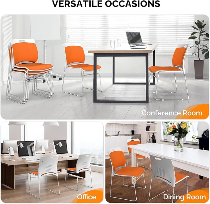 VINGLI Stackable Chairs Set of 12, Stacking Office Chairs with Metal Sled Base, Ergonomic Plastic Padded Seat & Back, Capacity 350lbs, Stacking Chairs for Waiting Room Break Room Banquet Guest, Orange