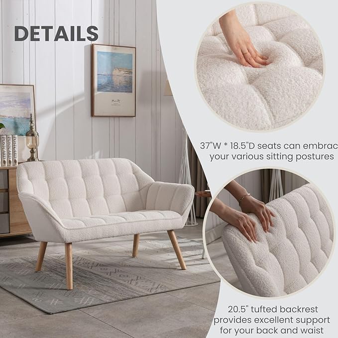 48" White Small Loveseat Sofa, Comfy Faux Fur 2-Seat Love Seat with Wood Legs, Modern Tufted Wingback Upholstered Sofa Couch for Small Space Living Room Bedroom Apartment