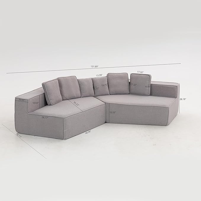 EPOFIT 132'' Oversized Teddy Fleece Modular 2-Seater Sofa, Compressed All-Foam Floor Couch with 6 Cushions, Low-Profile Cozy Sectional Sofa for Living Room & Apartment – Grey