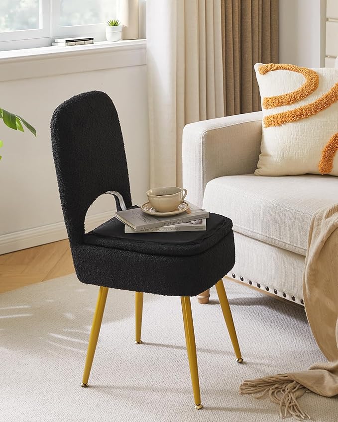 IBUYKE Small Storage Vanity Stool with Folding Backrest, 12.99" x 13.78" x 31.5" Square Teddy Velvet Ottoman, Makeup Chair for Living Room, 4 Metal Legs with Anti-Slip Feet, Black WBD027B