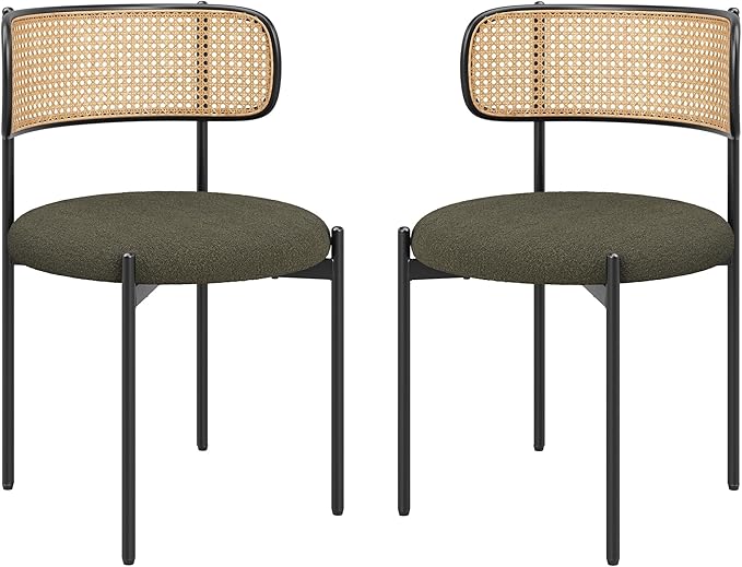 Farini Dining Chairs Set of 2,Mid-Century Modern Kitchen Chair Rattan Backrest Round Upholstered Sherpa Dining Chairs with Metal Legs,Green