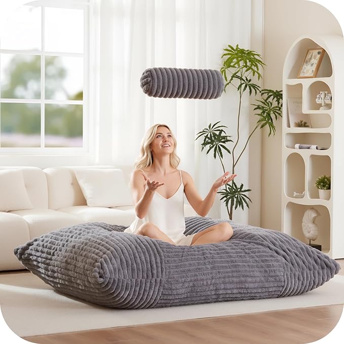 5 in 1 Bean Bag Chair with A Roll Pillow,Giant Bean Bag Chairs for Adults,Ultra Soft & Machine Washable Cover,Convertible Sofa Bed Floor Couch Lounger for Living Room,Bedroom