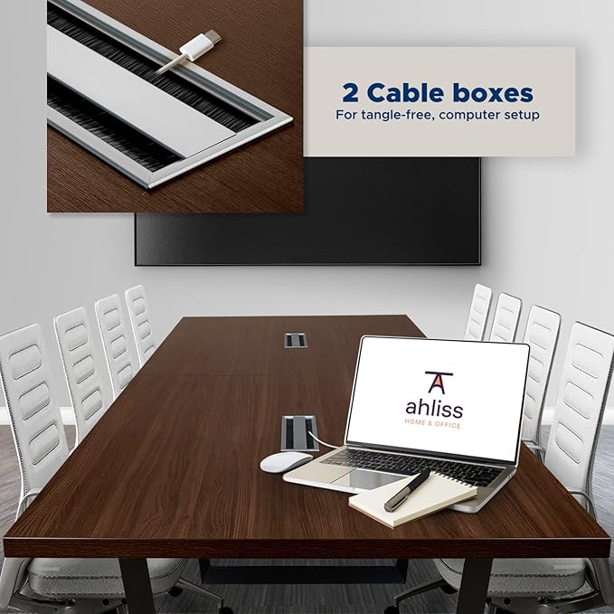 ahliss Sturdy Conference Table with Cable Management Grommets Modern Rectangle Office Meeting Table with Wood Tabletop and Metal Frame & Legs- Easy Assembly Boardroom Table (Dark Brown, 8 Foot)