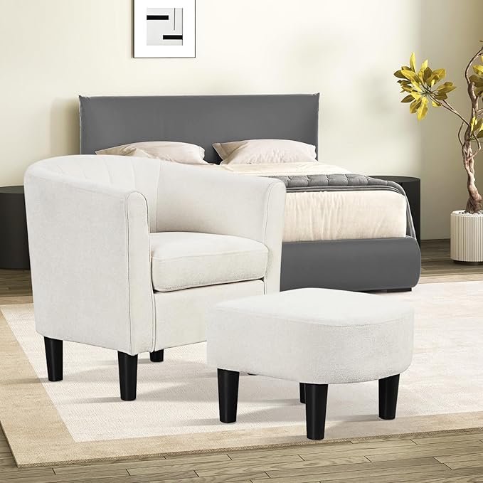 GOFLAME Accent Chair with Ottoman, Modern Teddy Velvet Barrel Chair with Footrest, Curved Backrest, Removable Seat Cushion, Upholstered Club Tub Sofa, Reading Armchair for Living Room, Bedroom, Beige