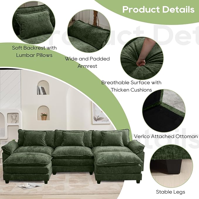 Oprisen 120" Modular Sectional Sofa, Comfy Cloud Couch Sectional Sofa with Ottoman, Chenille Sofa Sleeper Deep Seat Sofa with Throw Pillows for Living Room (Green, 120"- U Shape)