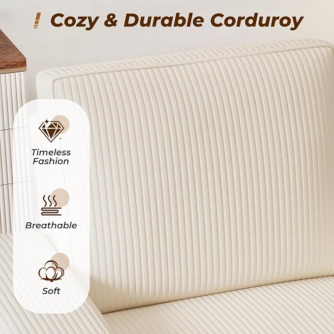 Furnimart 3-Seater Living Room Set Corduroy, 58" Wide Loveseat & Accent Chair with USB Chargers, Cup Holders & High-Density Foam, Modern Sofa & Armchair Set for Apartment, Living Room(2 Colors)