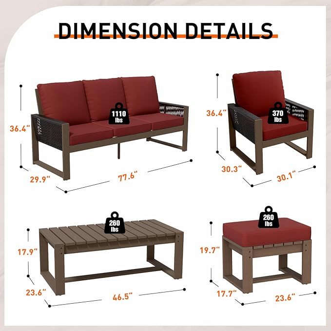 INTER HUT Rustic Hideaway Natural Cedar Wood Outdoor Furniture Set, Wicker Patio Conversation Set for Porch Garden Backyard, Couch, 4 Patio Chairs, Coffee Table and 2 Ottomans, 8 Piece, Brownish/Red
